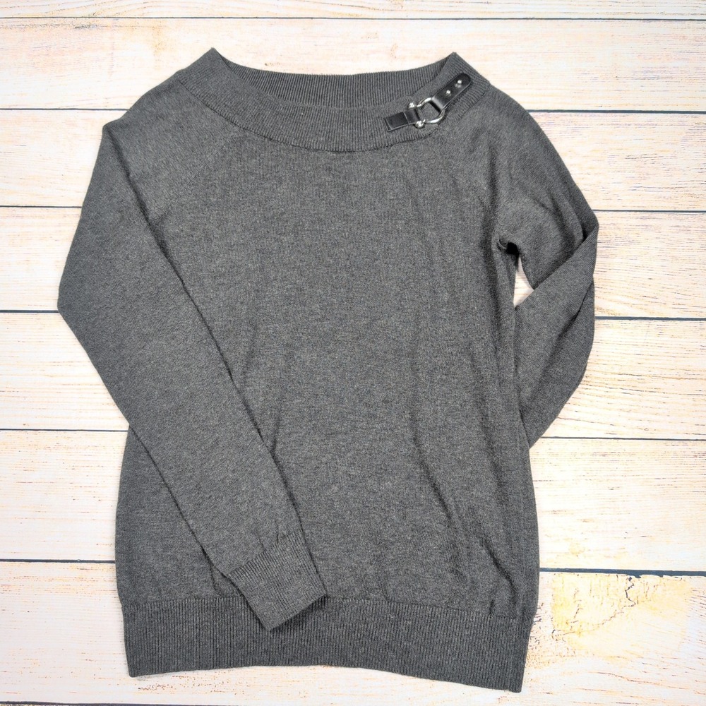 Lauren Ralph Lauren Gray Buckle Collar Knit Long Sleeve Sweater Women's M‎